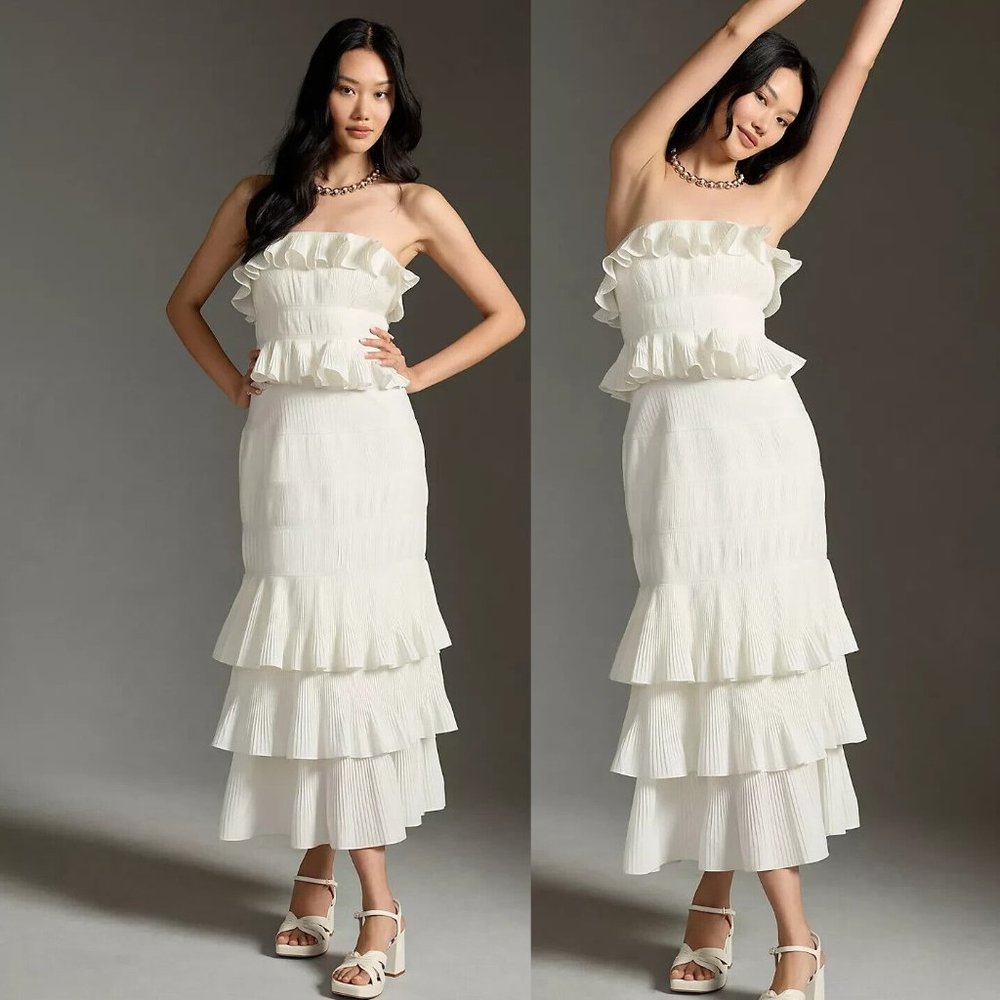 Anthropologie Cream Strapless Ruffle Midi Dress
